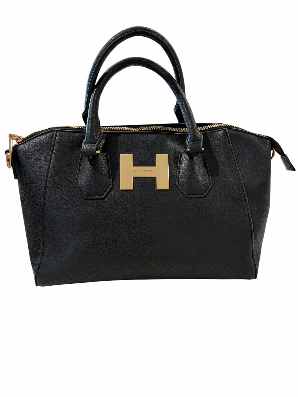 H by Halston Black Satchel Bag – Structured Dome Purse with Gold "H" Logo